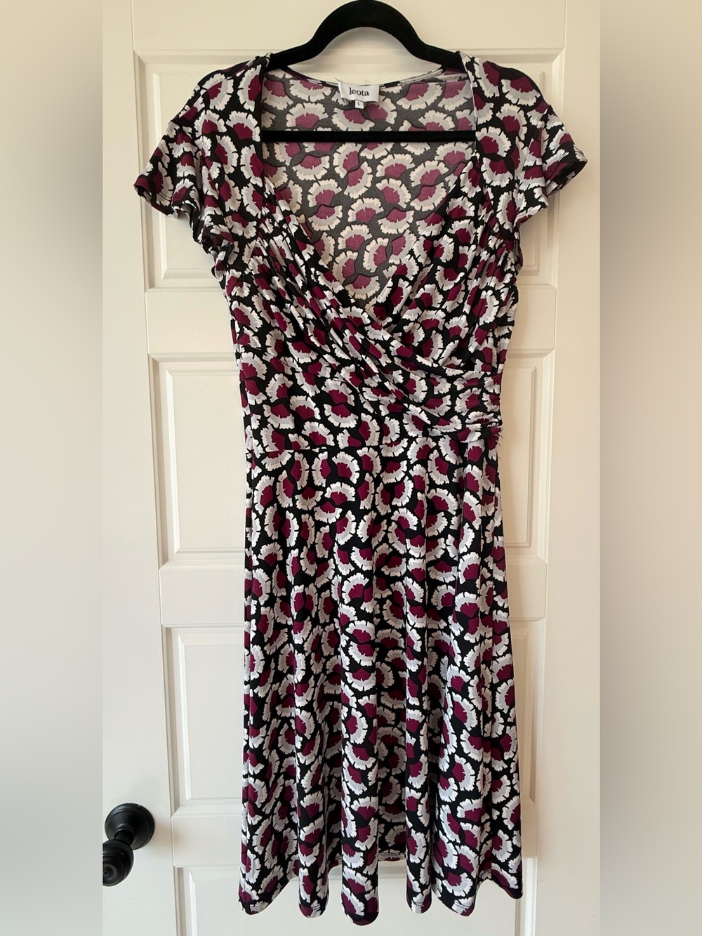 Leota Black, Fuchsia, and Gray/Silver Print Midi Wrap Dress